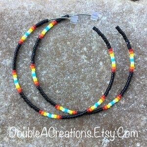 Black with Native Colors Beaded Hoops, New, Handmade by Me